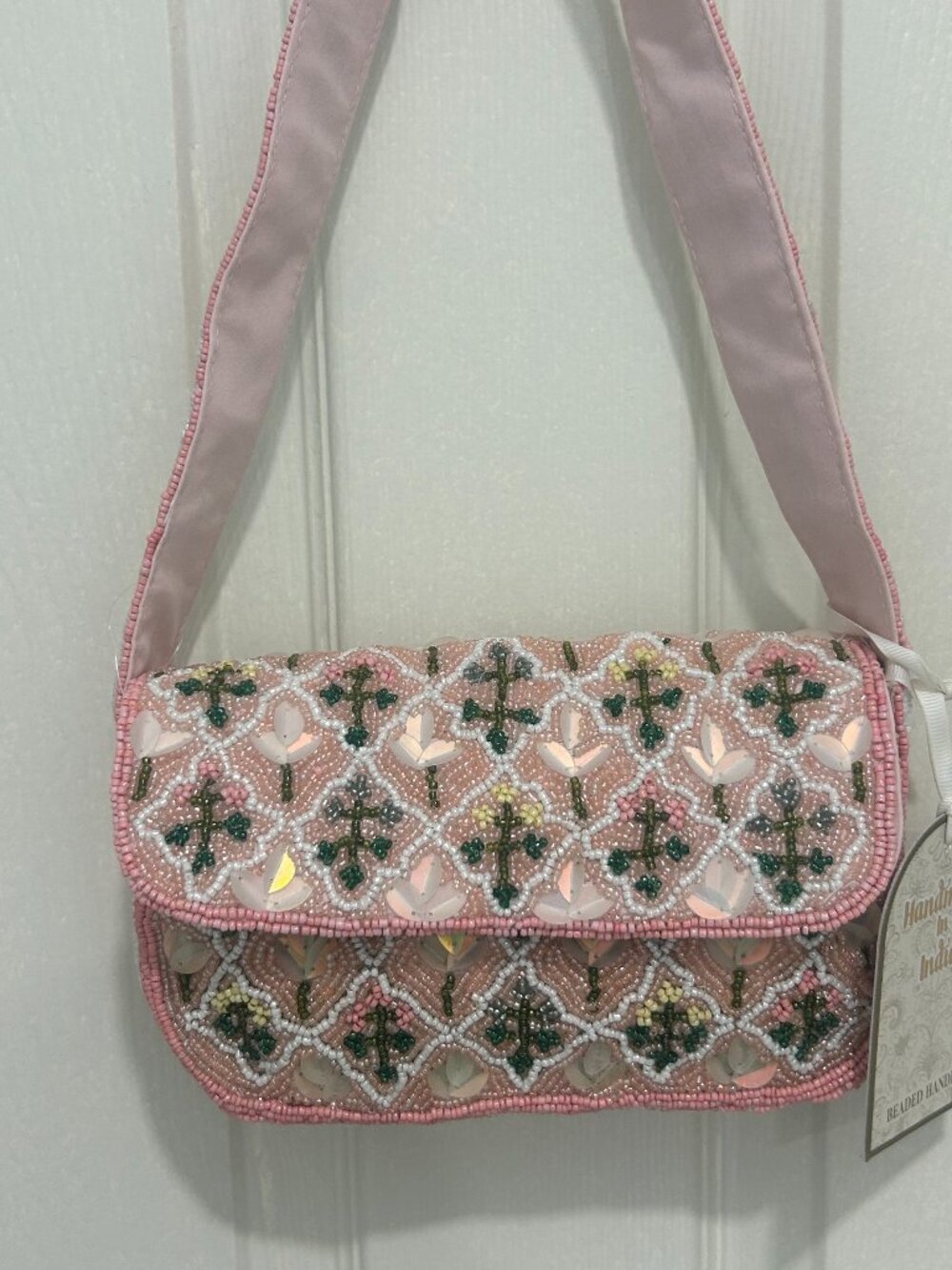 Made in India Pink & Green Garden Trellis Beaded Sequin Floral Bag New Release